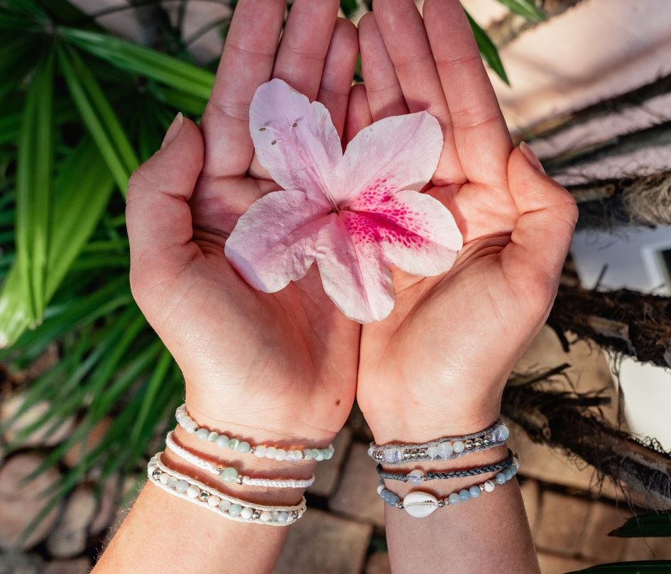 Woman's hands holding a pink and white flower.