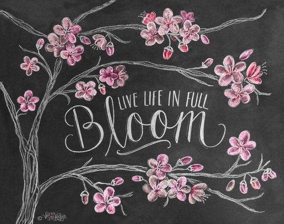 Drawing of a cherry blossom tree with white branches, pink blossoms, on a black background, with the words "Live Life in Full Bloom" in the center of the image.