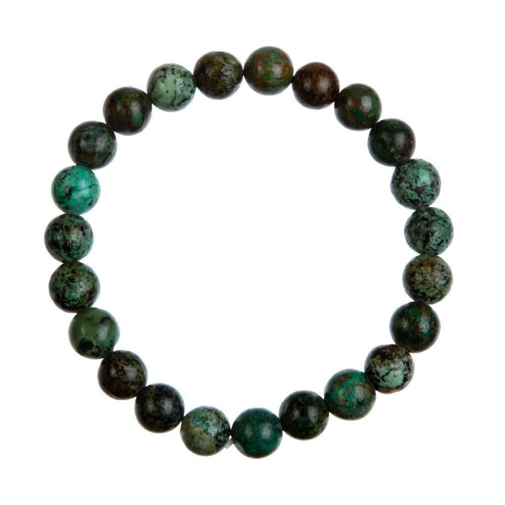 Close-up of a stretch style bracelet made with 8mm round african turquoise beads in shades of green, displayed on a white background.