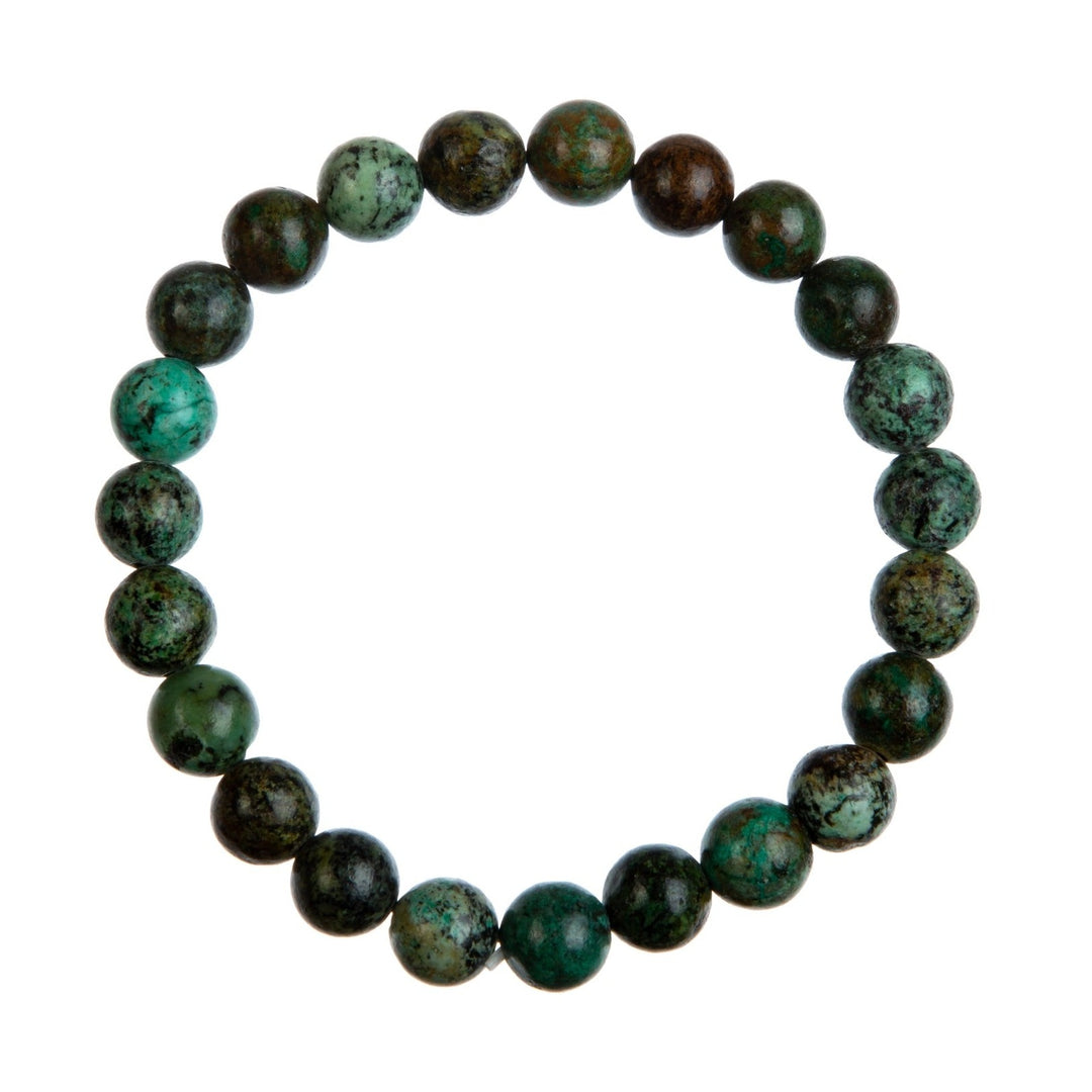 Close-up of a stretch style bracelet made with 8mm round african turquoise beads in shades of green, displayed on a white background.