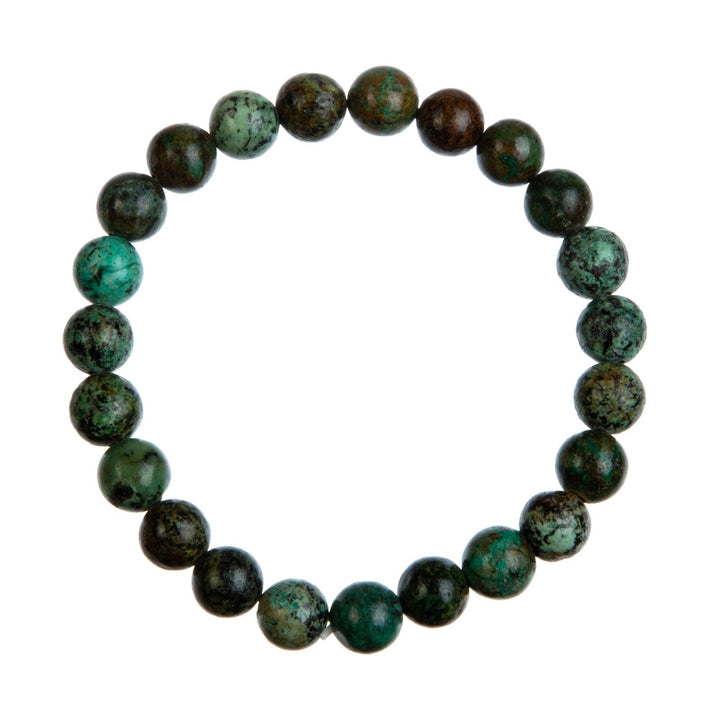 Close-up of a stretch style bracelet made with 8mm round african turquoise beads in shades of green, displayed on a white background.