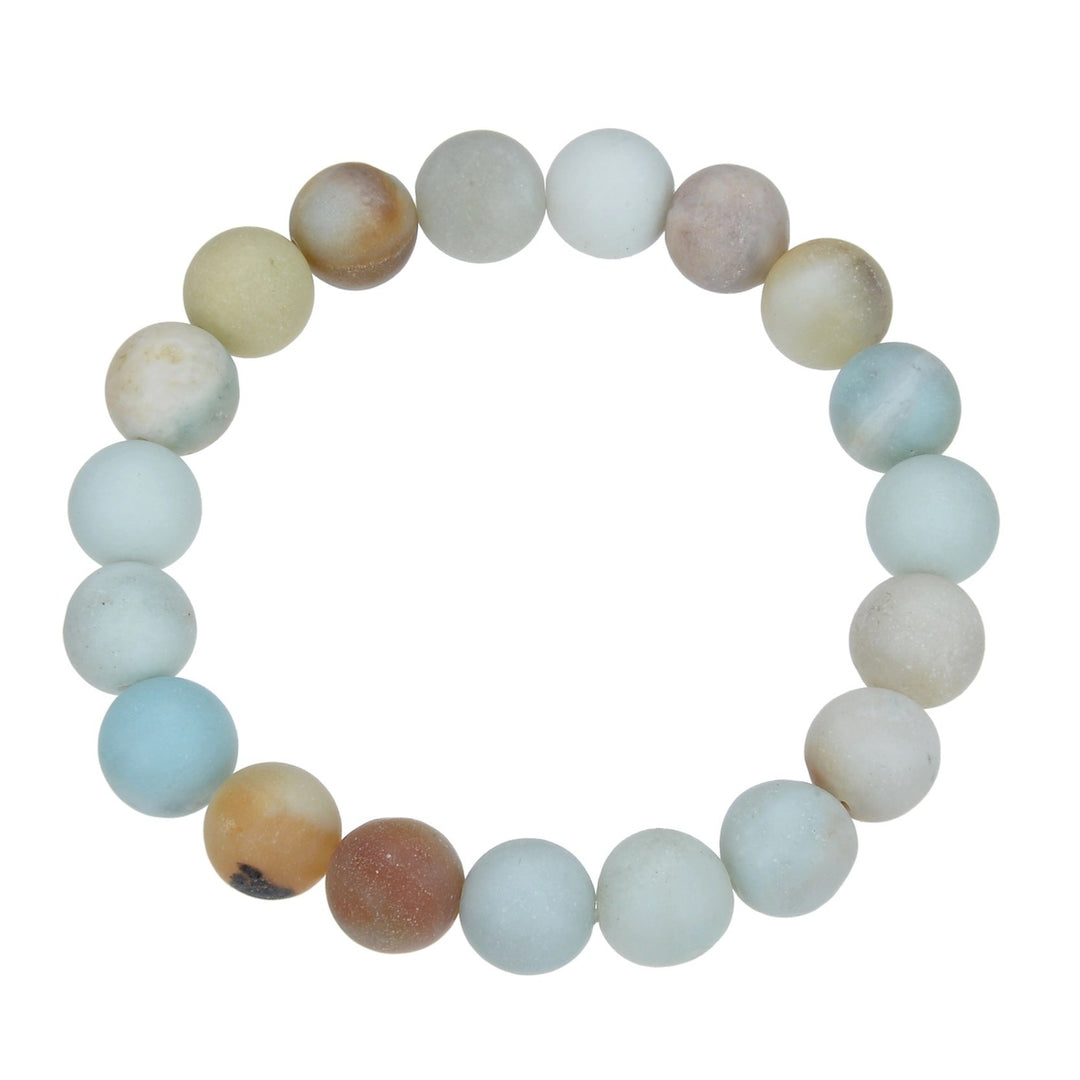 Close-up of a stretch style bracelet made with 10mm round amazonite beads in shades of green, blue, tan, and gray, displayed on a white background.
