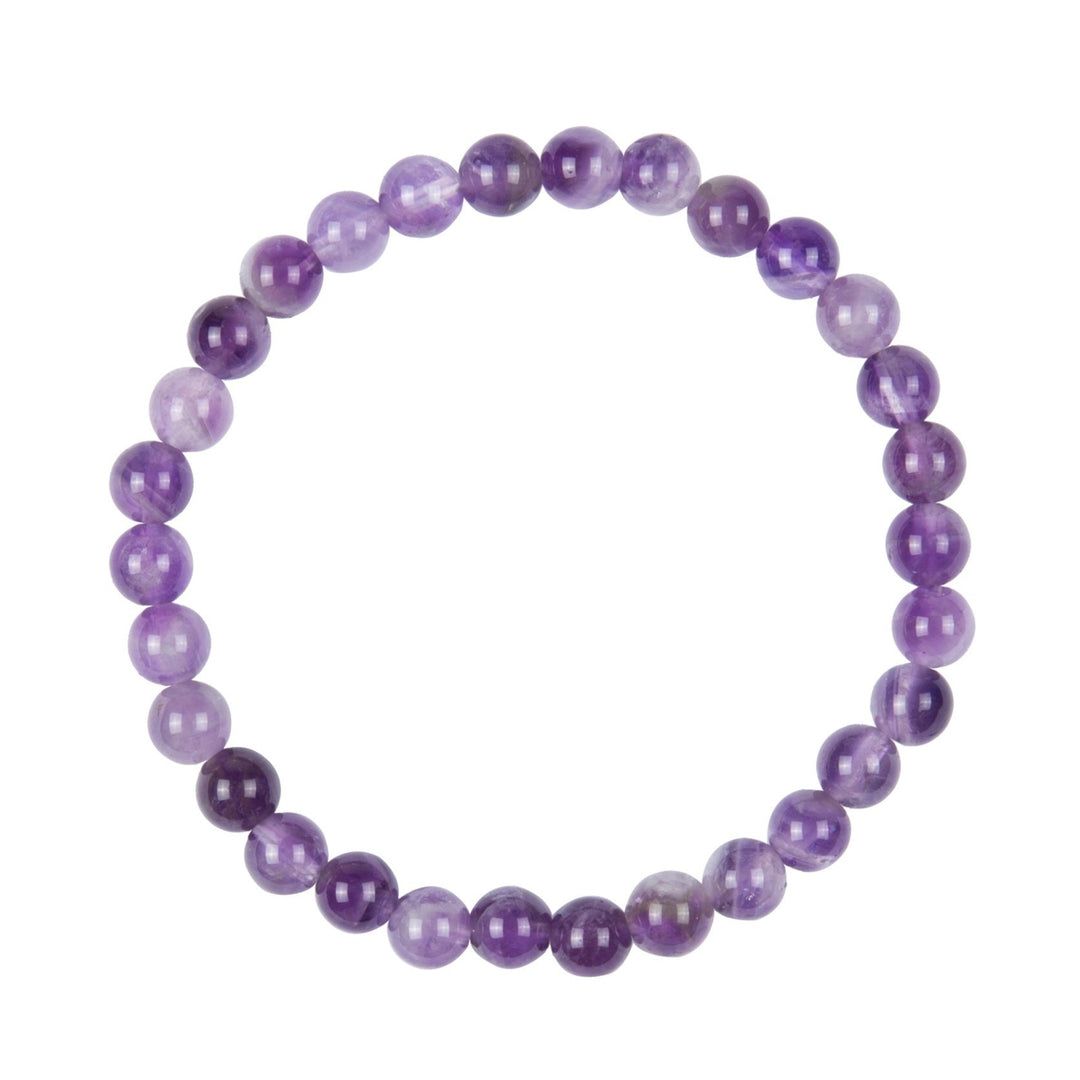 Close-up of an amethyst stretch style bracelet made with 6mm round purple beads, displayed on a white background.