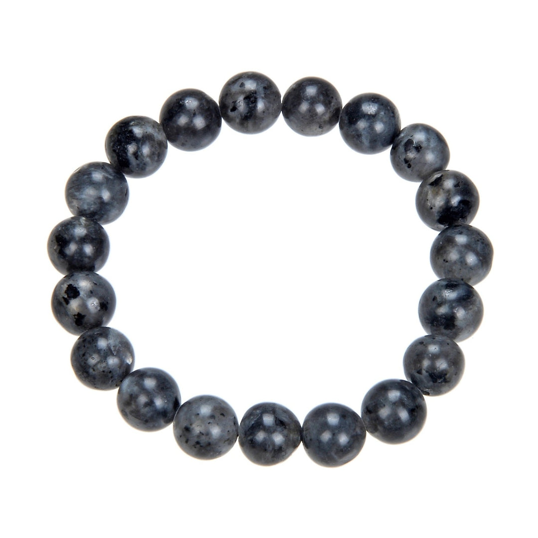 Close-up of a stretch style bracelet made with 10mm  polished round black labradorite beads, in shades of dark gray and black, displayed on a white background.