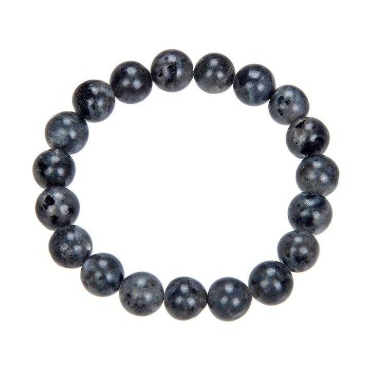 Close-up of a stretch style bracelet made with 10mm  polished round black labradorite beads, in shades of dark gray and black, displayed on a white background.