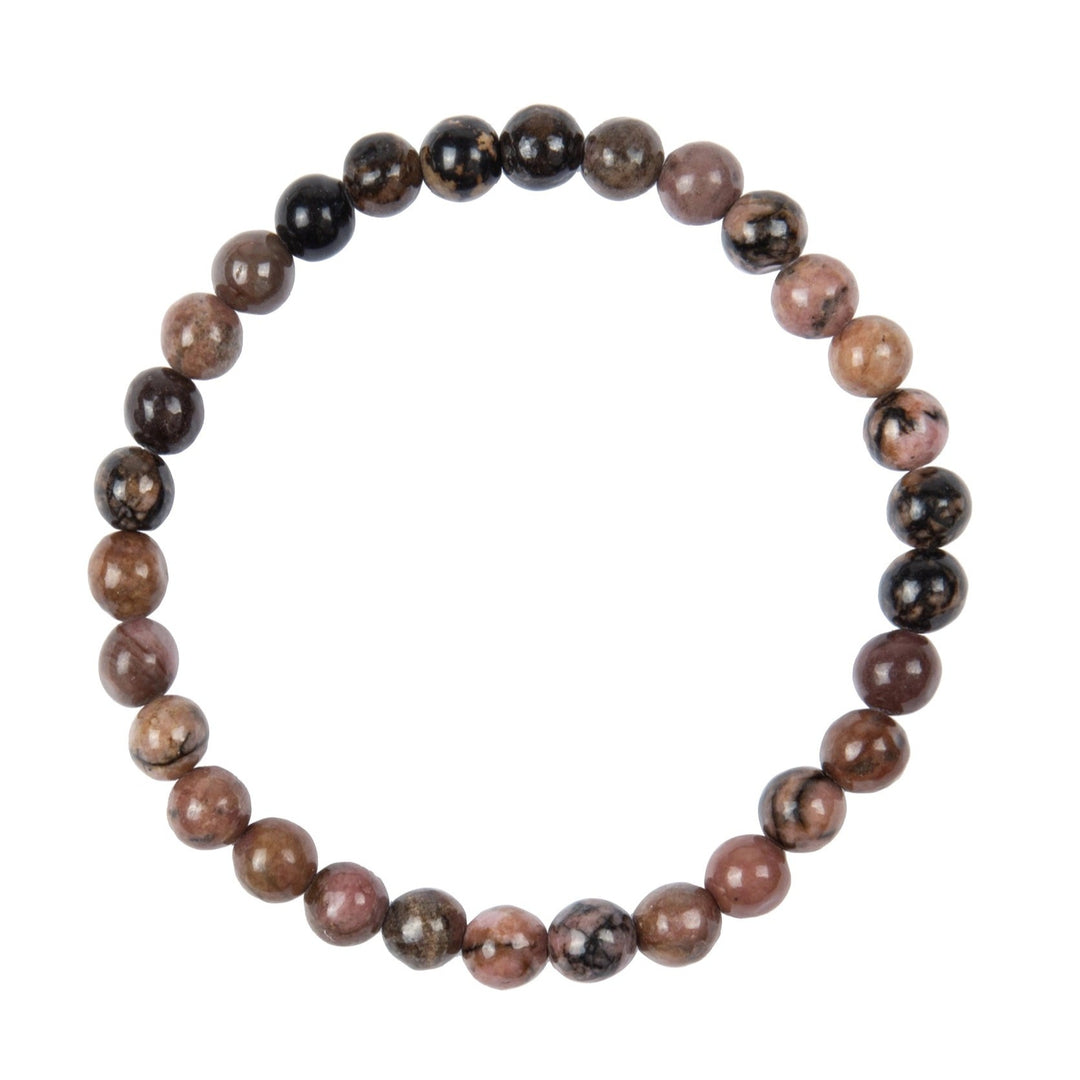 Close-up of a streth style bracelet made with 6mm black rhodonite beads in shades of pink and black, displayed on a white background.