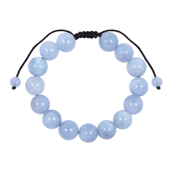 Close-up of a blue aquamarine bracelet made with 12mm round blue beads and a dark brown black pull tie style cord closure, displayed on a white background.
