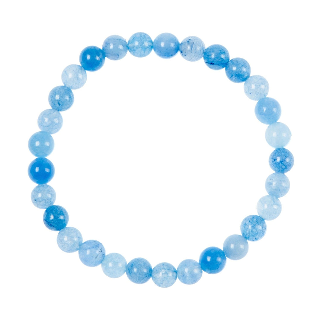 Close-up of a blue aquamarine stretch style bracelet made with 6mm polished beads in shades of light to medium blue, displayed on a white background.