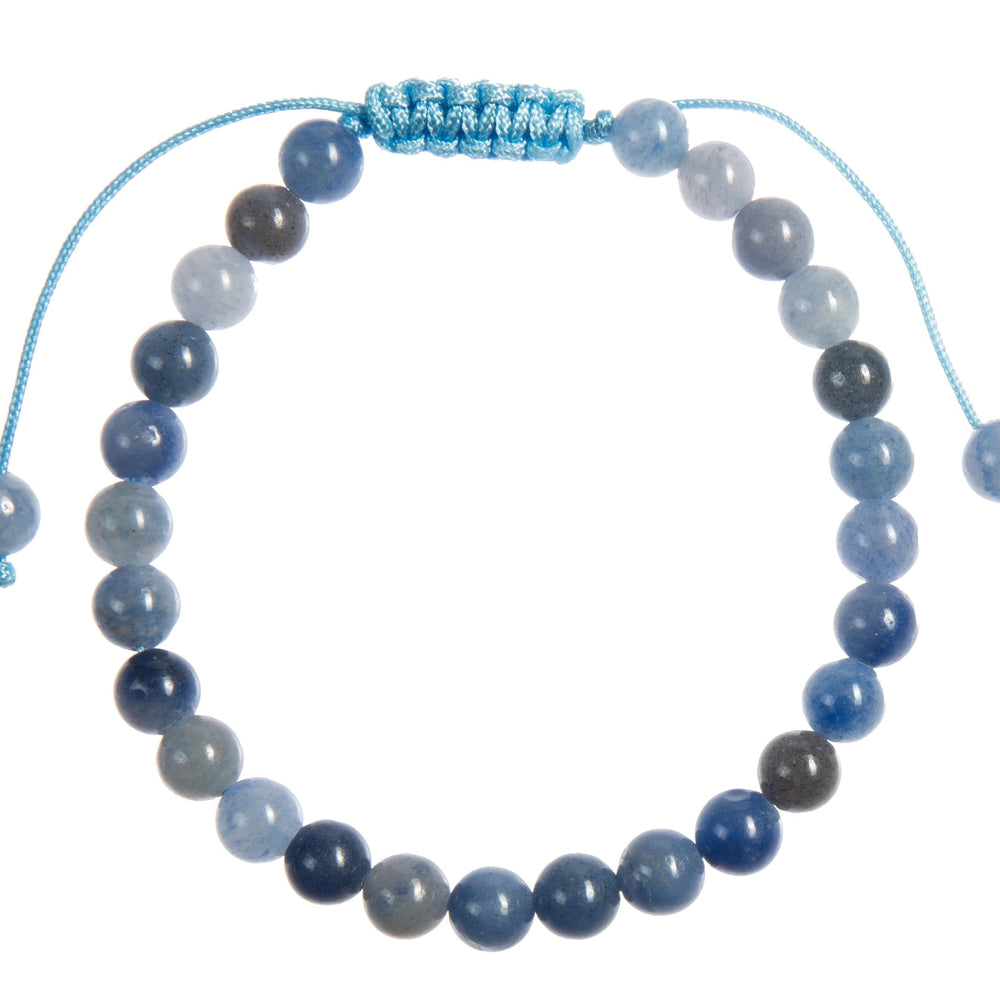 A close-up view of a blue aventurine bracelet, with 6mm round polished beads, and an adjustable blue pull-tie closure, on a white background.