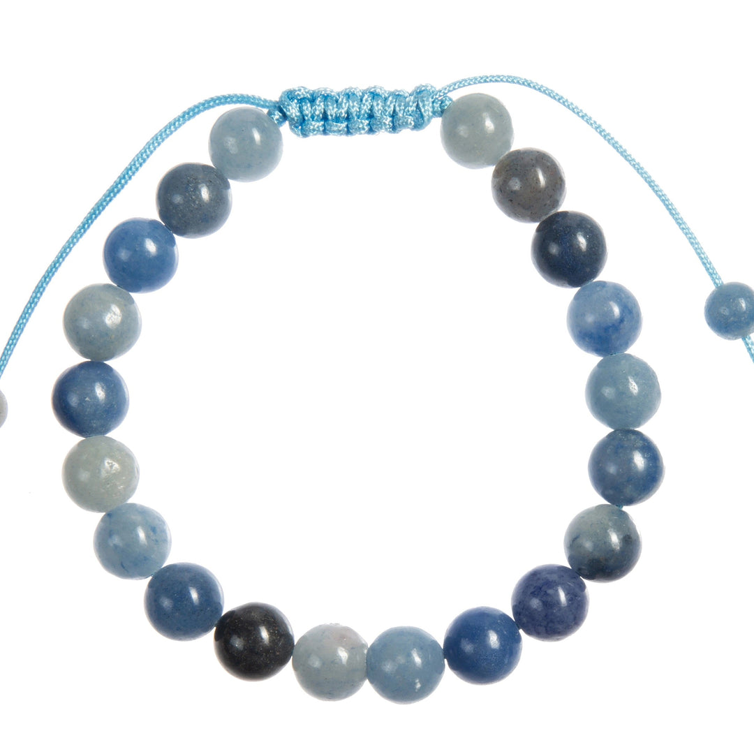 A close-up view of a blue aventurine bracelet, with 8mm round polished beads, and an adjustable blue pull-tie closure, on a white background.