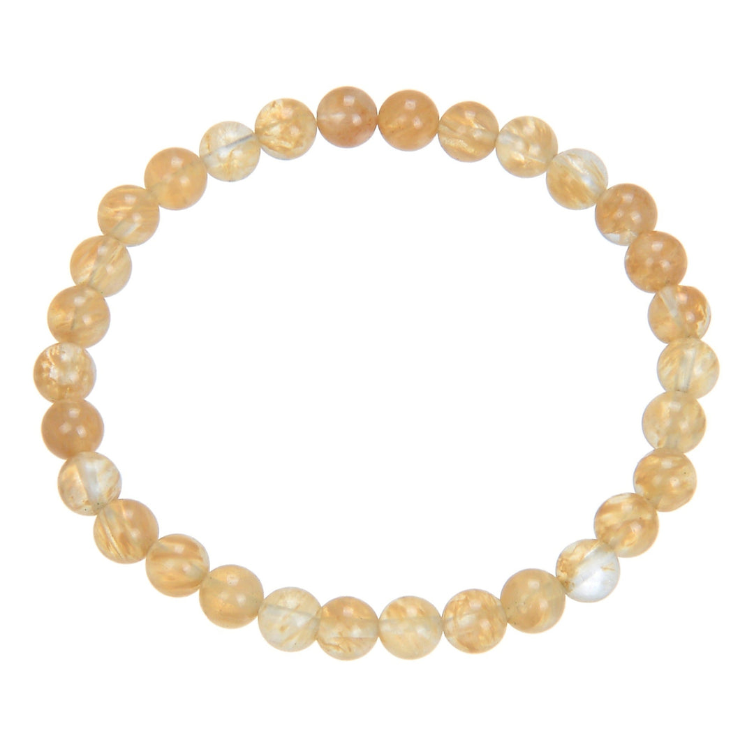 Close-up of a Citrine Quartz Stretch Bracelet with 6mm round yellow beads on a white background.