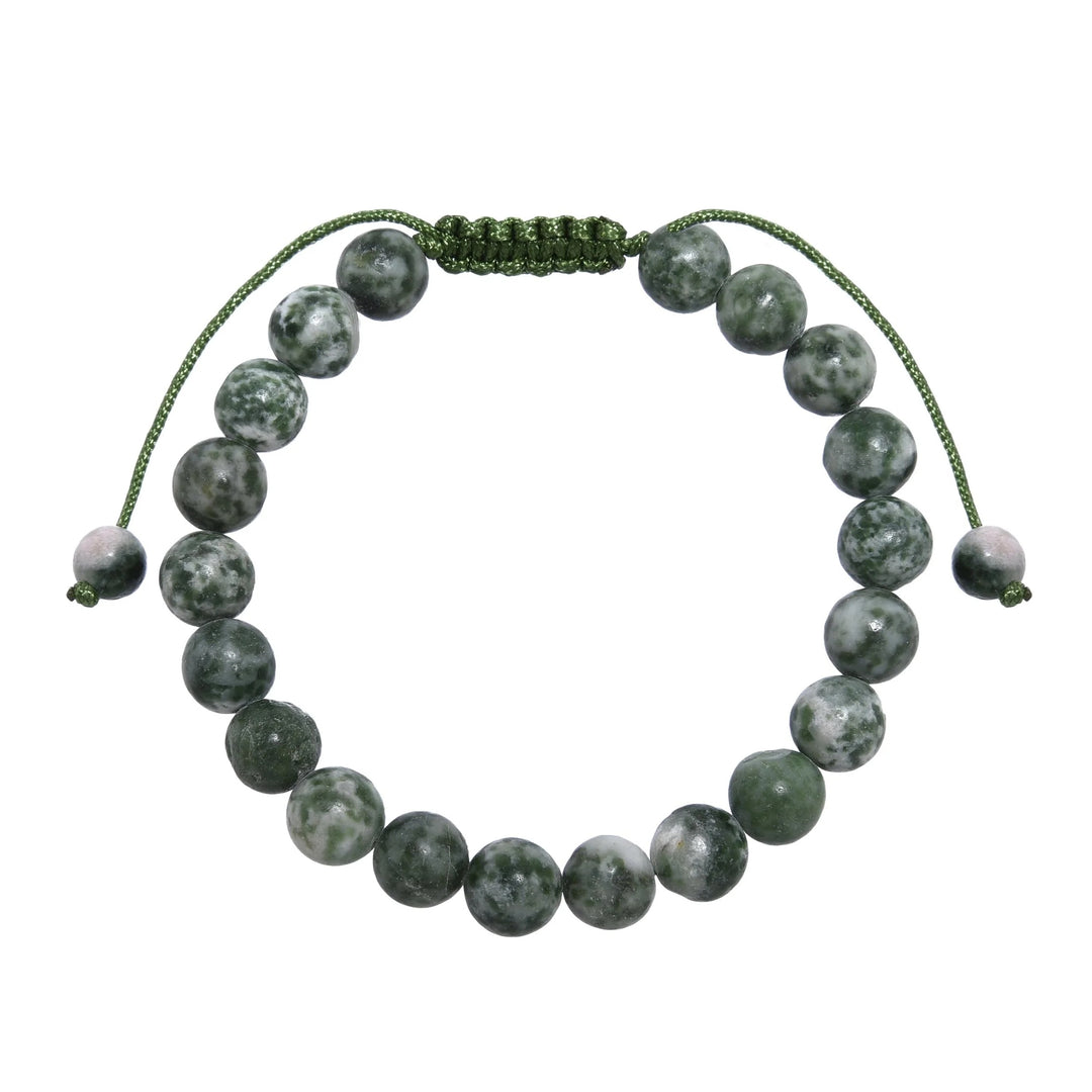 Close-up of a greenspot jasper bracelet made with 8mm round polished green and white spotted jasper beads, with a green pull tie style cord closure, displayed on a white background.