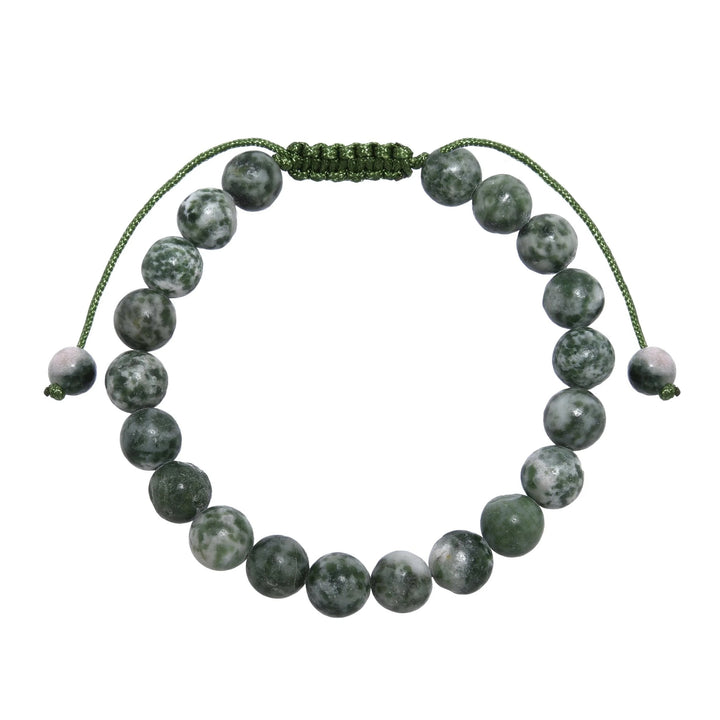 Close-up of a greenspot jasper bracelet made with 8mm round polished green and white spotted jasper beads, with a green pull tie style cord closure, displayed on a white background.