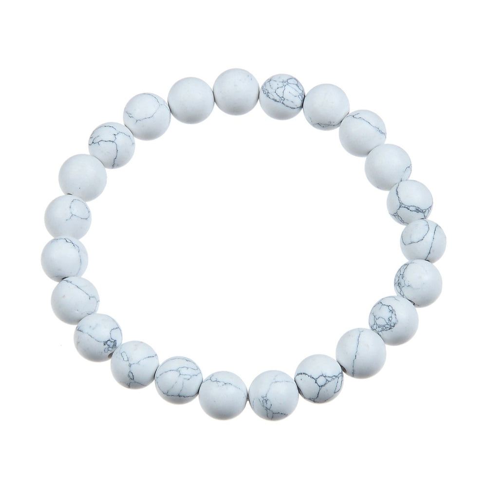 A bracelet made with 8mm round howlite stone beads, stretch style, in white and gray colors, displayed on a white background.