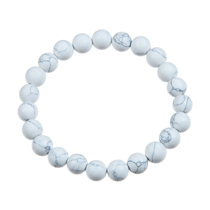 A bracelet made with 8mm round howlite stone beads, stretch style, in white and gray colors, displayed on a white background.
