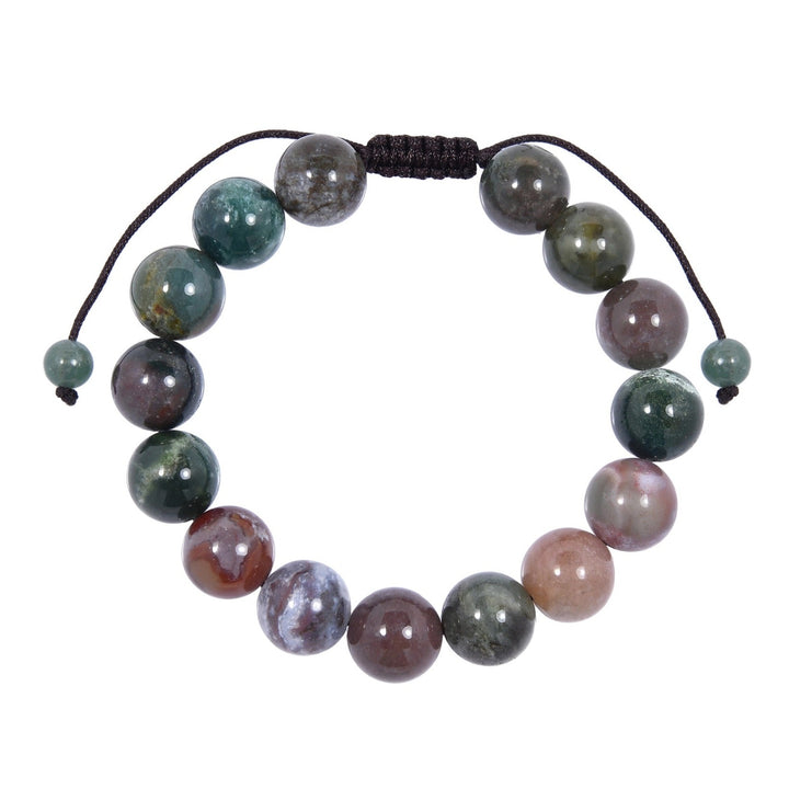 Close-up of an Indian agate bracelet made with glossy 12mm round beads with shades of green, purple, and tan, with a dark brown pull tie style cord closure, displayed on a white background.