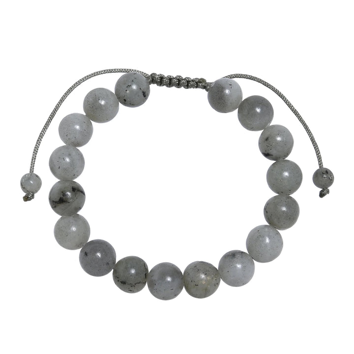 Close-up of a labradorite bracelet made with 10mm round polished gray beads and a gray pull tie style cord closure, displayed on a white background.