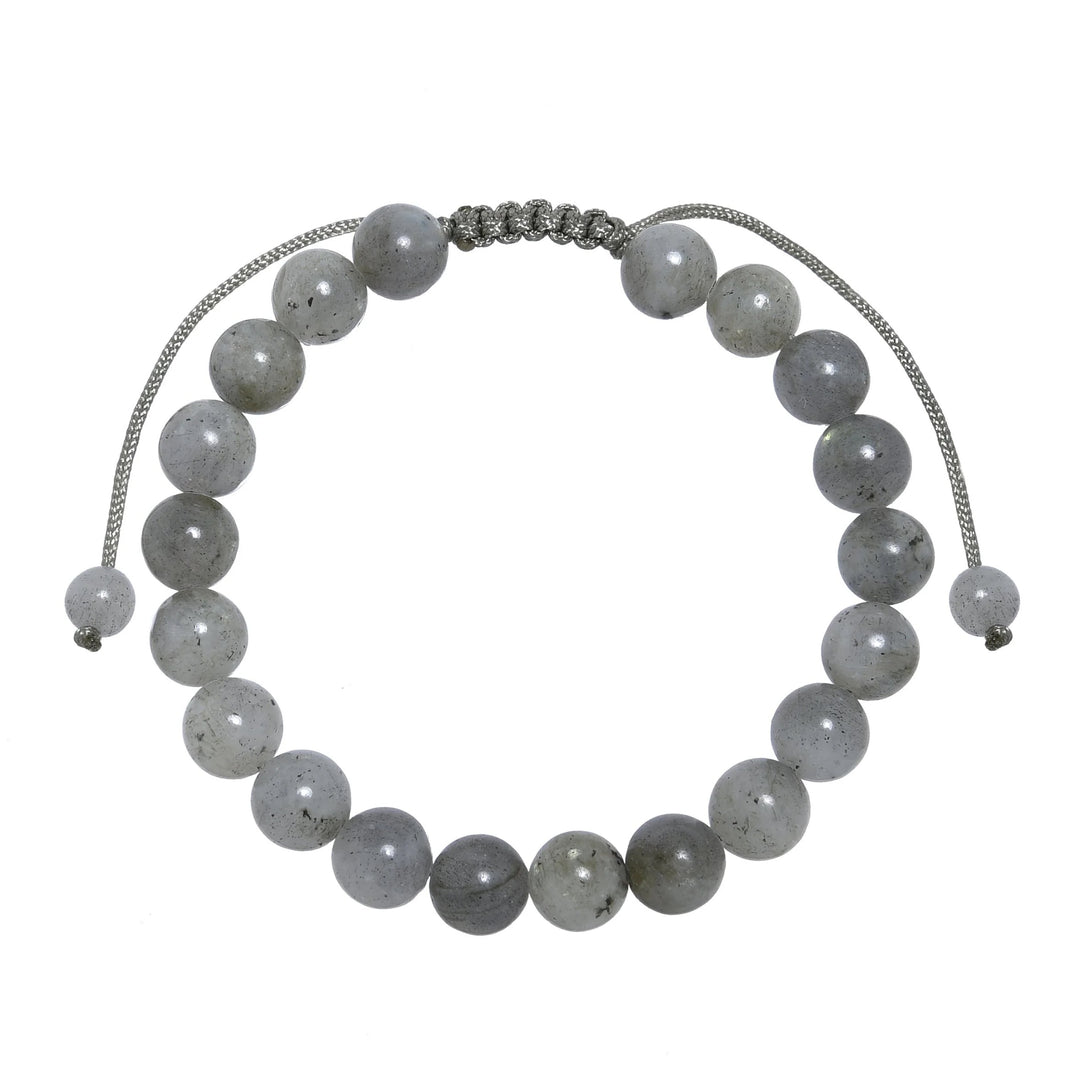 Close-up of a labradorite bracelet made with 8mm round polished gray beads and a gray pull tie style cord closure, displayed on a white background.