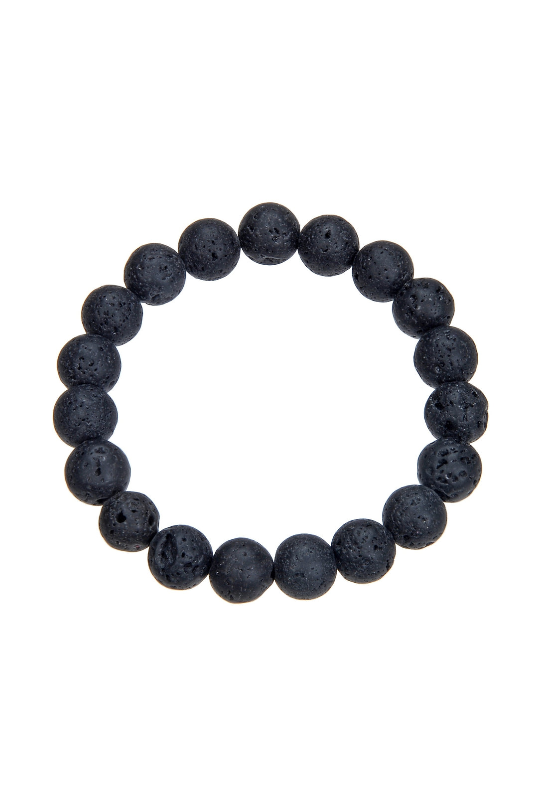 A black lava stone stretch style bracelet with clear stretch cord, made of 10mm black round lava stone beads, displayed on a white background.