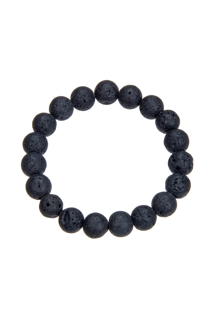 A black lava stone stretch style bracelet with clear stretch cord, made of 10mm black round lava stone beads, displayed on a white background.