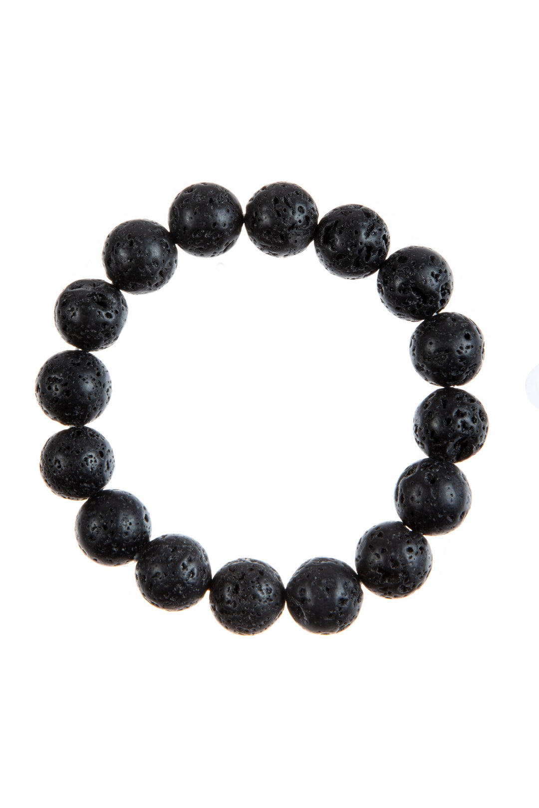 A black lava stone stretch style bracelet with clear stretch cord, made of 12mm black round lava stone beads, displayed on a white background.
