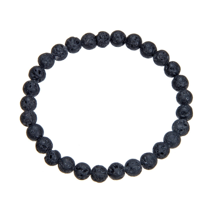 A black lava stone stretch style bracelet with clear stretch cord, made of 6mm black round lava stone beads, displayed on a white background.