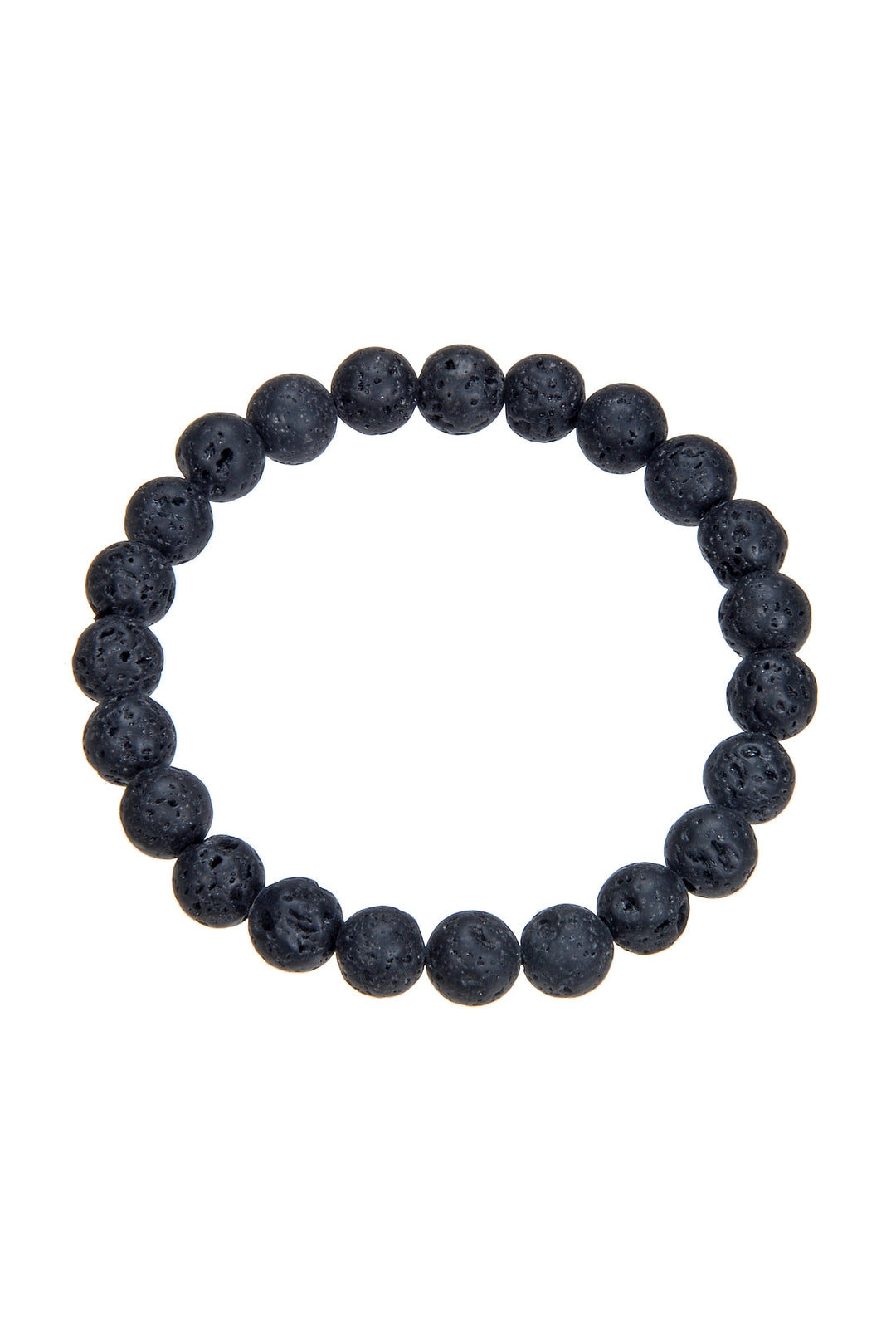 A black lava stone stretch style bracelet with clear stretch cord, made of 8mm black round lava stone beads, displayed on a white background.