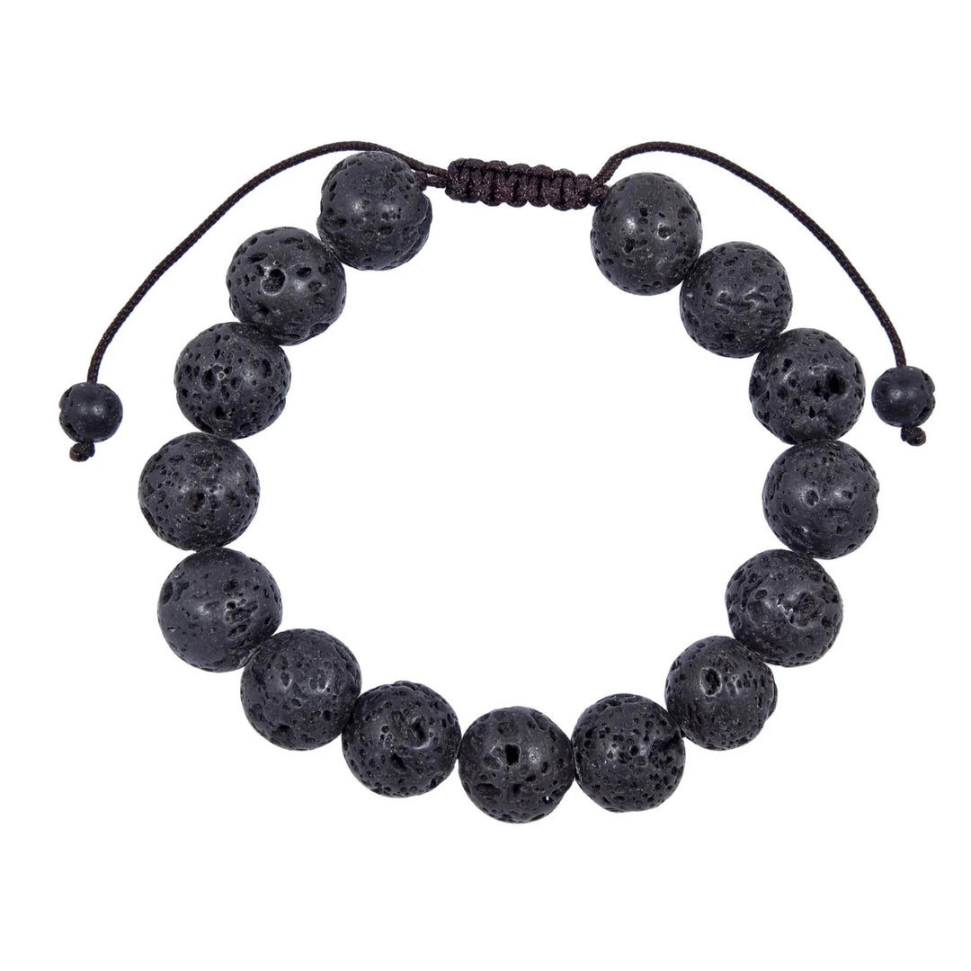 Close-up of a lava stone bracelet made with 12mm round black beads with a dark brown black pull tie style cord closure, displayed on a white background.
