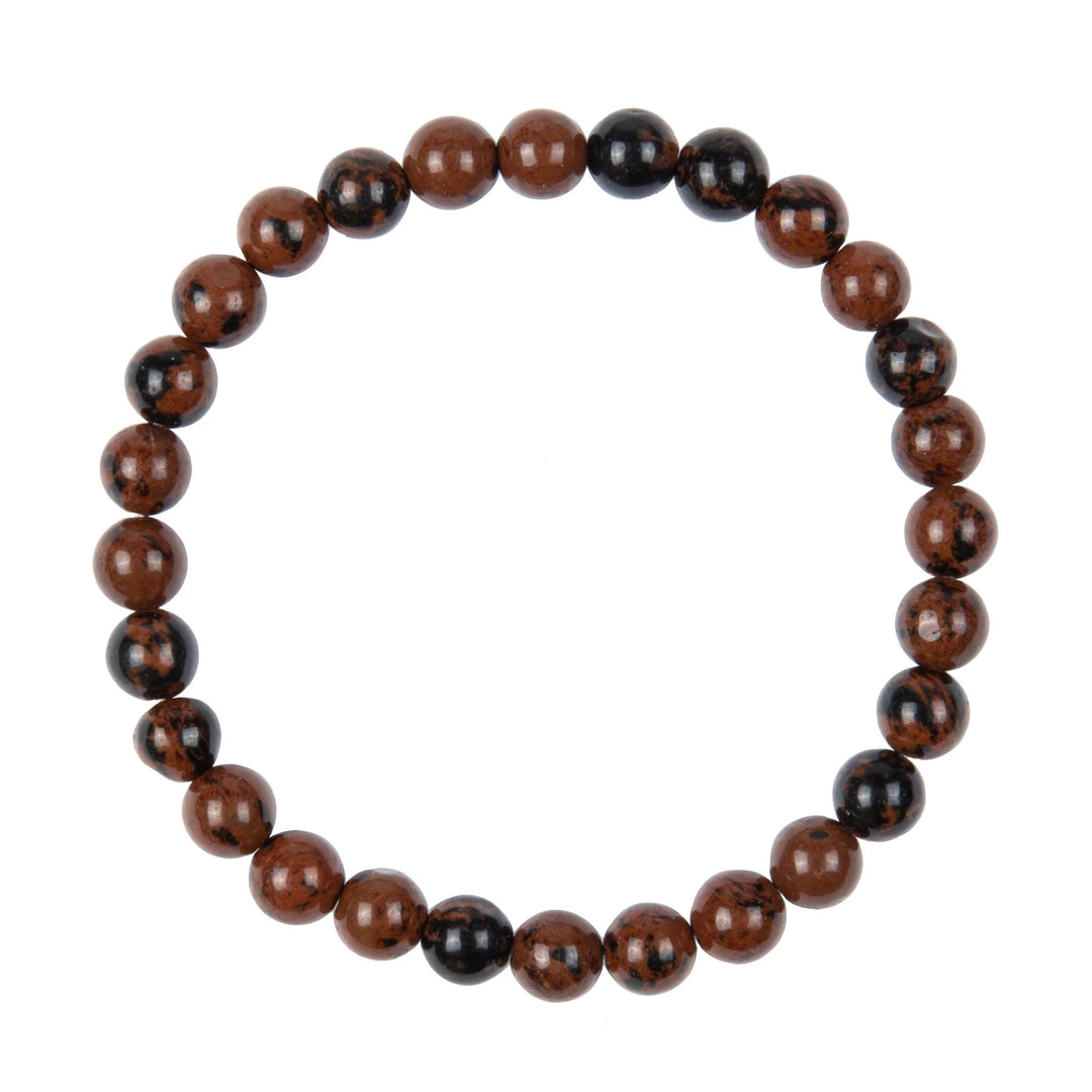 Close-up of a mahagony obsidian stretch bracelet, with 6mm polished reddish-brown beads, on a white background.
