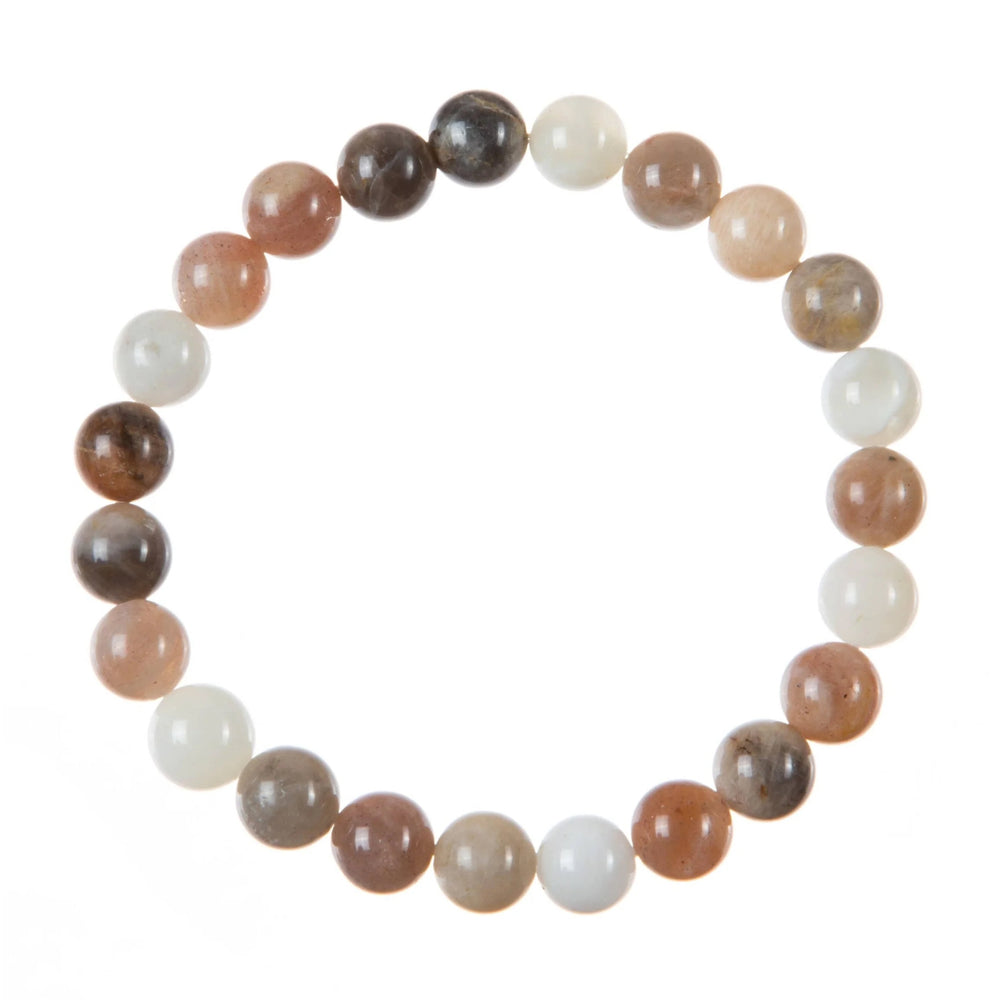 A close-up of a bracelet made with 8mm round mixed moonstone beads in shades of peach, white, and gray, connected with a clear stretch cord, on a white background.