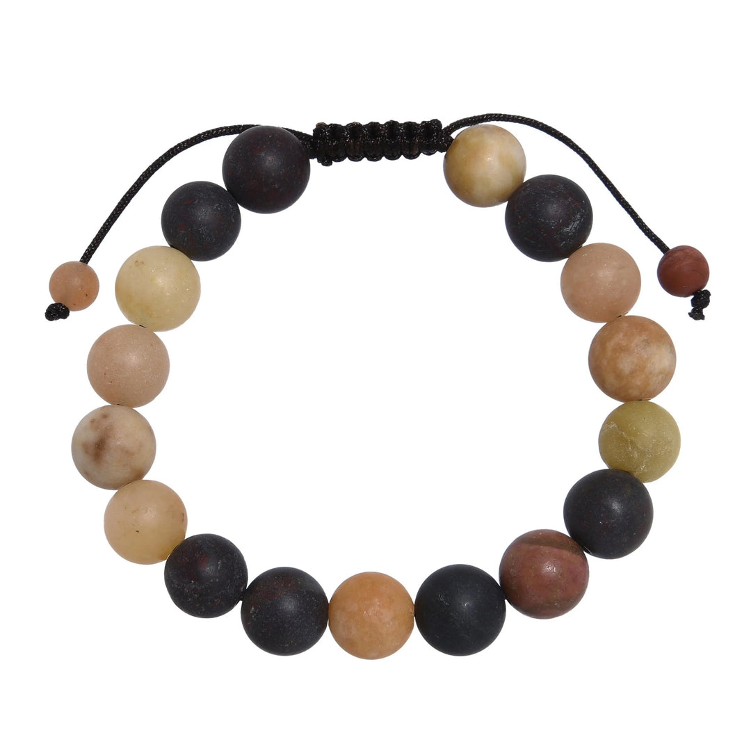 Close-up of a muddy jasper stone bracelet made with 10mm round beads with shades of red, black, deep purple, and yellow colors, and a brown black pull tie style cord closure, displayed on a white background.