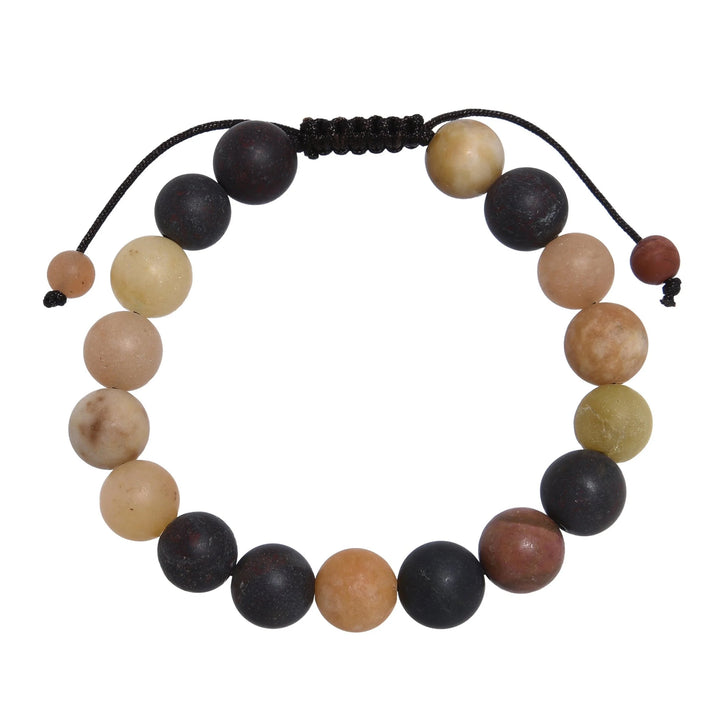 Close-up of a muddy jasper stone bracelet made with 10mm round beads with shades of red, black, deep purple, and yellow colors, and a brown black pull tie style cord closure, displayed on a white background.