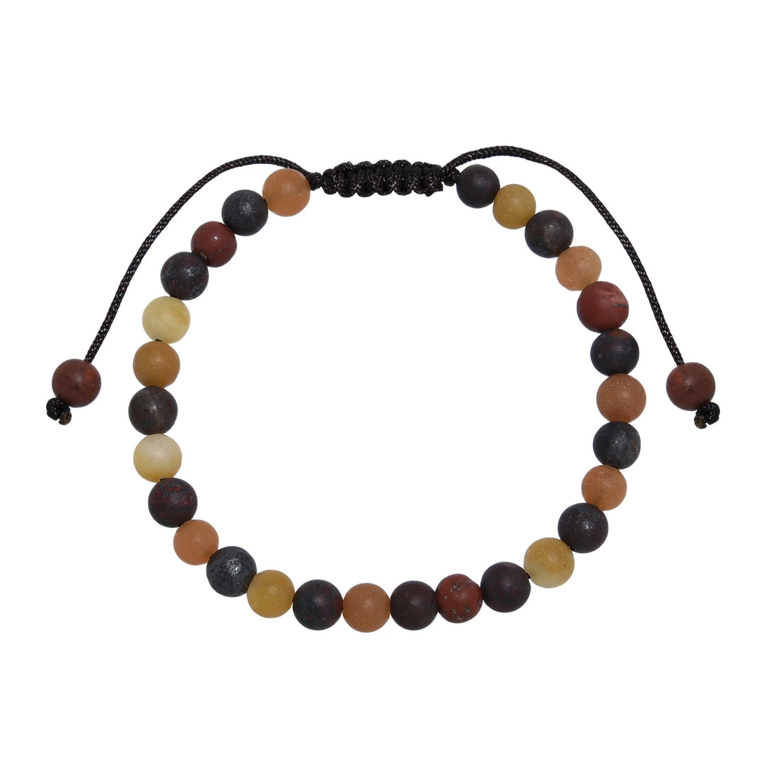 Close-up of a muddy jasper stone bracelet made with 6mm round beads with shades of red, black, orange, and yellow colors, and a brown black pull tie style cord closure, displayed on a white background.