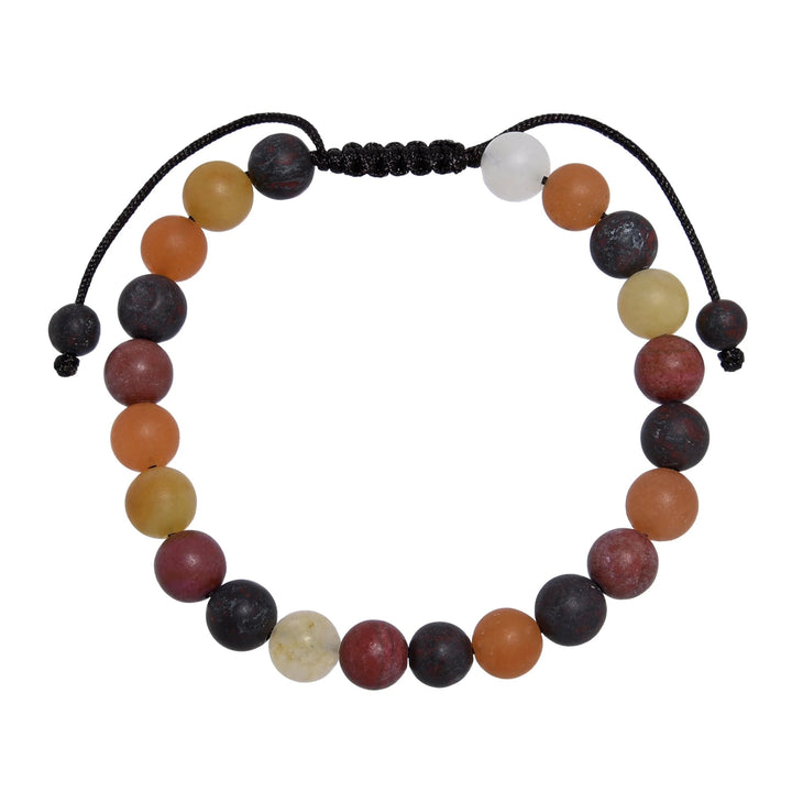 Close-up of a muddy jasper stone bracelet made with 8mm round beads with shades of red, deep purple, black, orange, white, and yellow colors, and a brown black pull tie style cord closure, displayed on a white background.