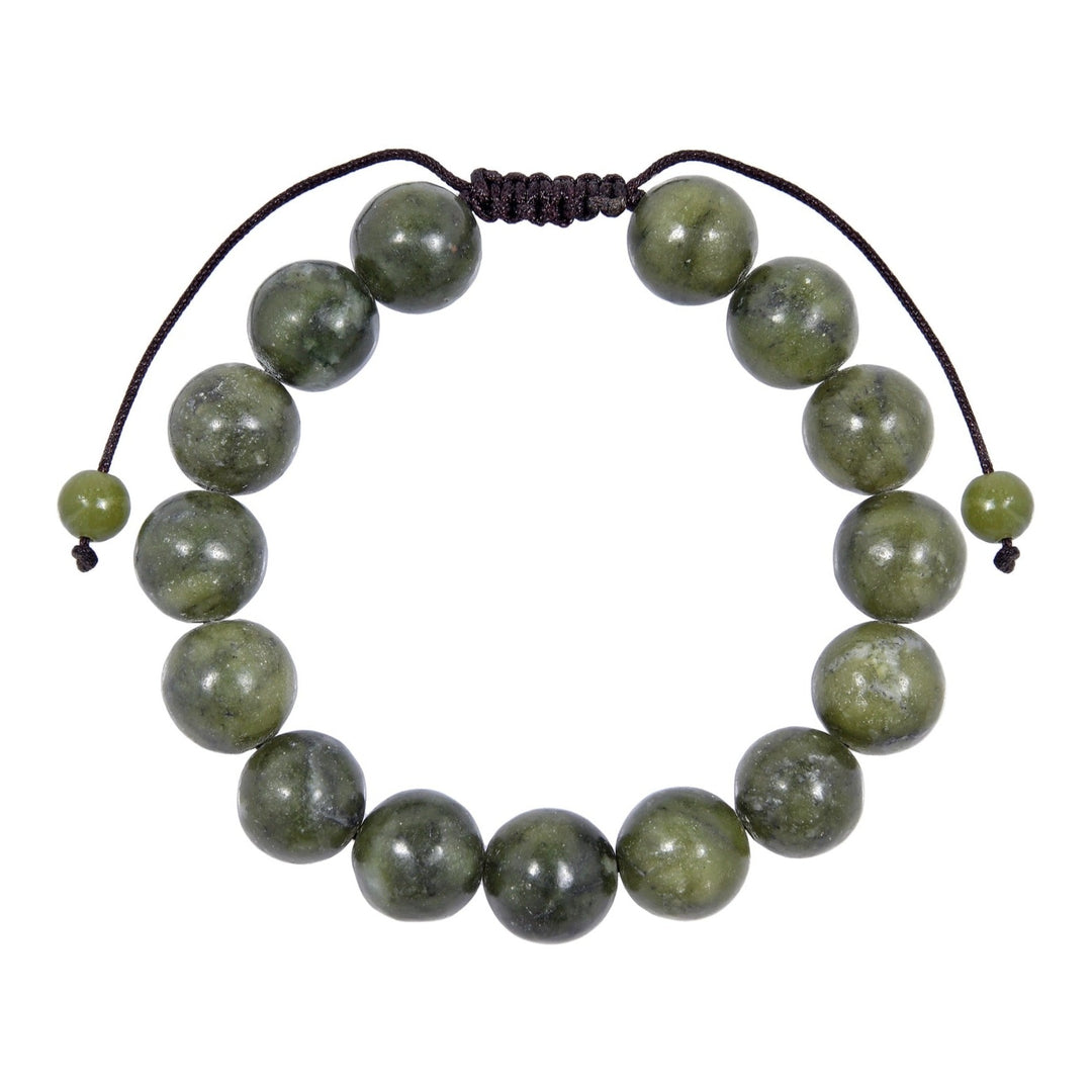 Close-up of a green olive jade bracelet made with 12mm round beads and a dark brown pull tie style cord closure, displayed on a white background.