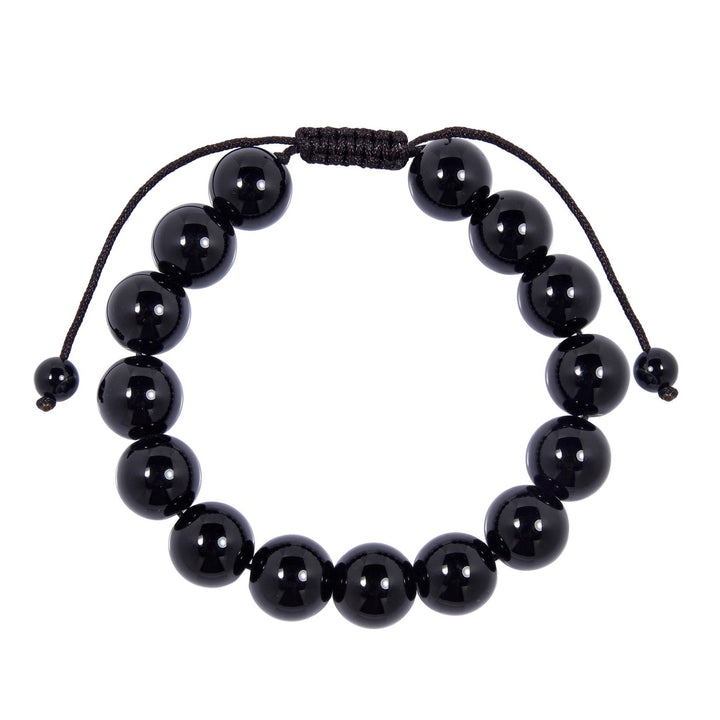 Close-up of a glossy black onyx bracelet made with polished 12mm round black beads and a dark brown pull tie style cord closure, displayed on a white background.