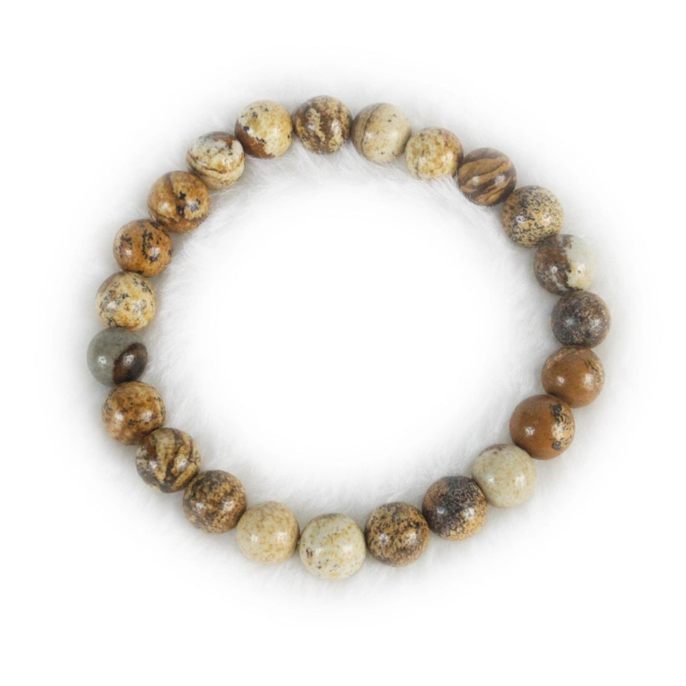 Close-up of a stretch style bracelet made with round 8mm polished picture jasper beads in shades of brown, tan, and white, displayed on a white background.