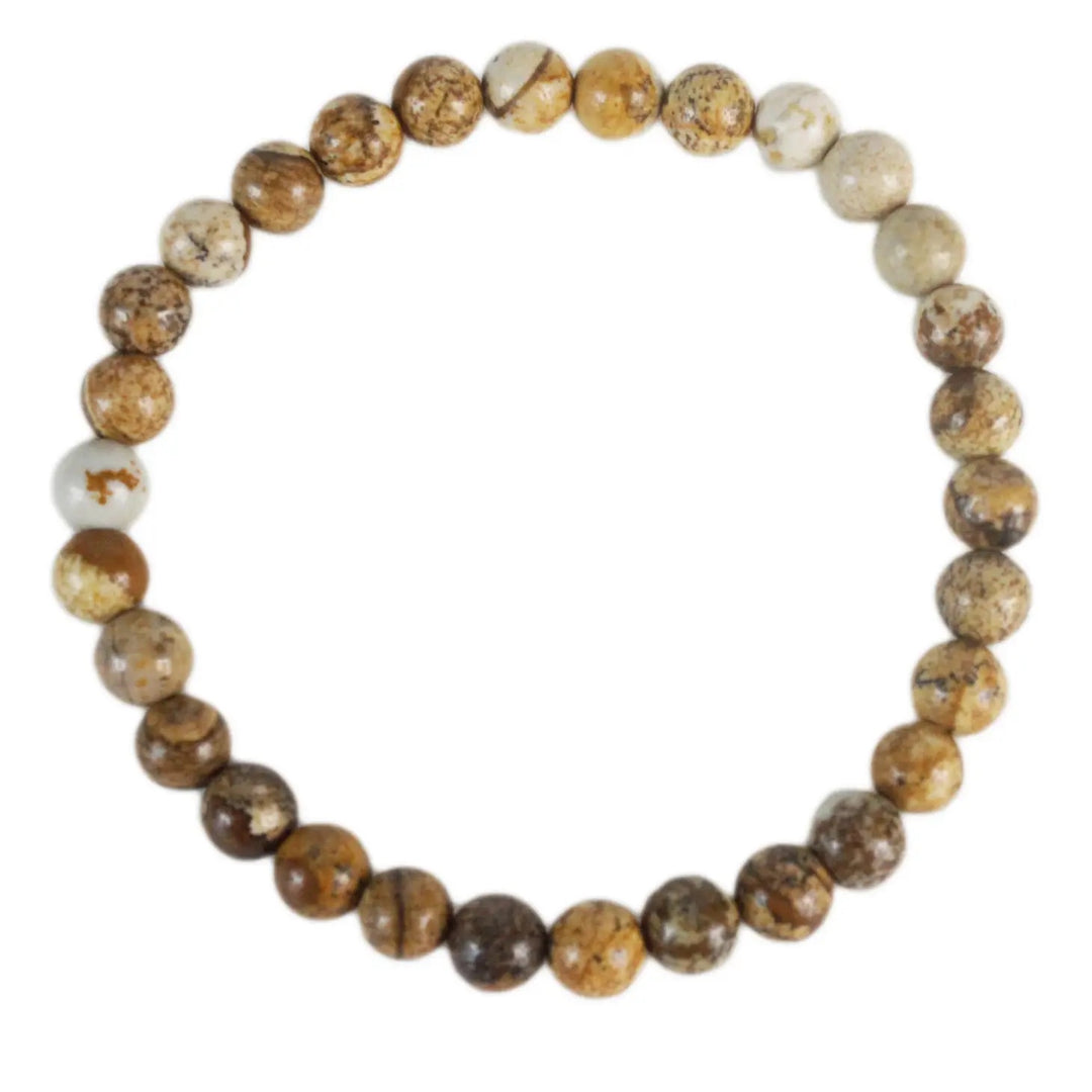 Close-up of a stretch style bracelet made with round 6mm polished picture jasper beads in shades of brown, tan, and white, displayed on a white background.