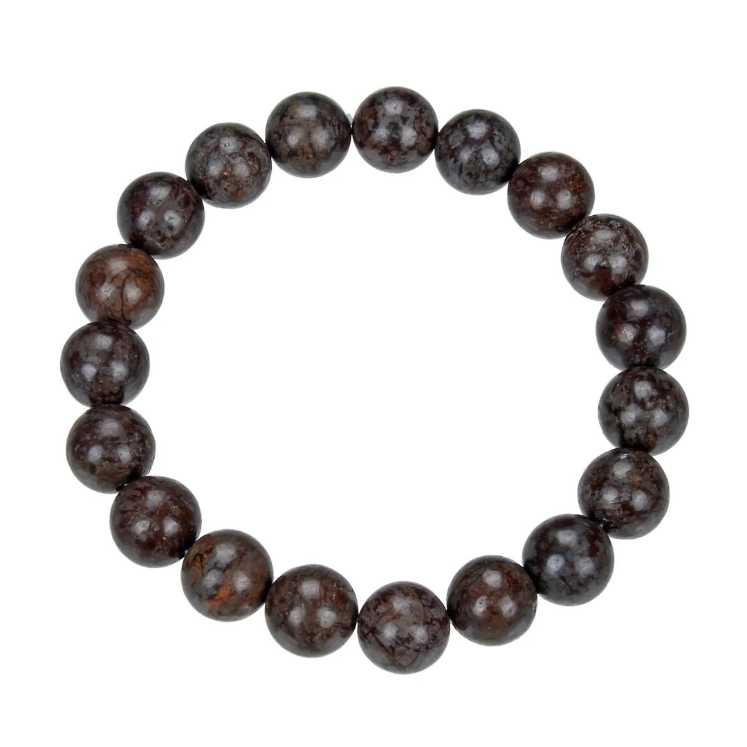 Close-up of a stretch style bracelet made with reddish gray 10mm obsidian stones, displayed on a white background.