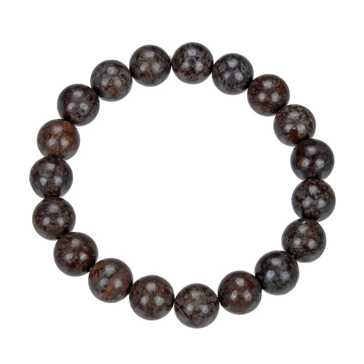 Close-up of a stretch style bracelet made with reddish gray 10mm obsidian stones, displayed on a white background.