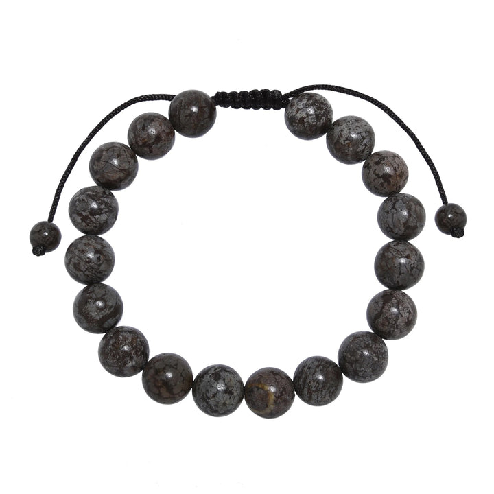 Close-up of a Red Snowflake Obsidian pull tie bracelet with 10mm round beads with reddish shades of gray color, and a black pull tie cord displayed on a white background