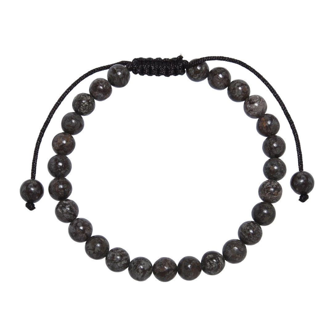 Close-up of a Red Snowflake Obsidian pull tie bracelet with 6mm round beads with reddish shades of gray color, and a black pull tie cord displayed on a white background