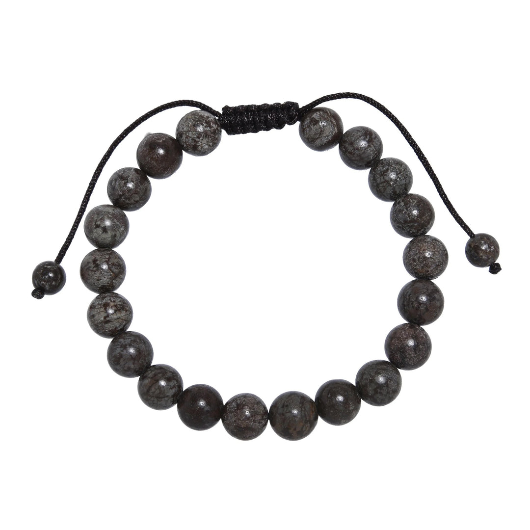 Close-up of a Red Snowflake Obsidian pull tie bracelet with 8mm round beads with reddish shades of gray color, and a black pull tie cord displayed on a white background