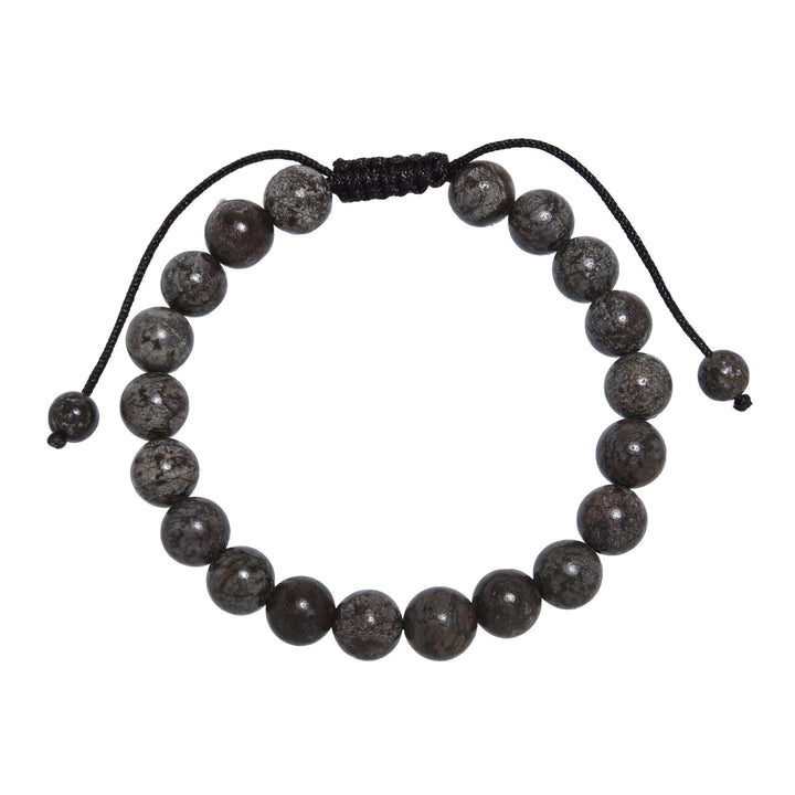 Close-up of a Red Snowflake Obsidian pull tie bracelet with 8mm round beads with reddish shades of gray color, and a black pull tie cord displayed on a white background