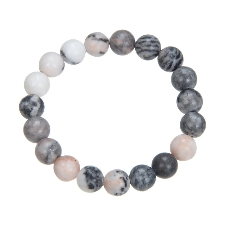 Close-up of a rhodonite stone bracelet made with 10mm round rhodonite beads in shades of pink and gray, connected with a clear stretch cord, displayed on a white background.