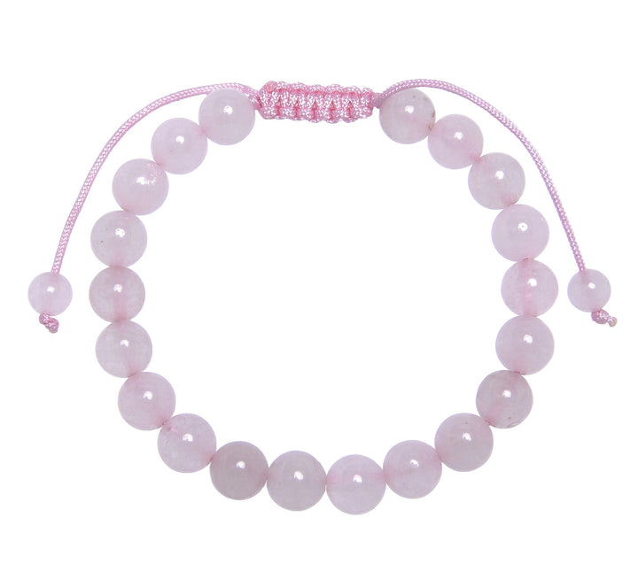 Close-up of a rose quartz bracelet made with 8mm round pink beads with a pink pull tie style cord closure, displayed on a white background.