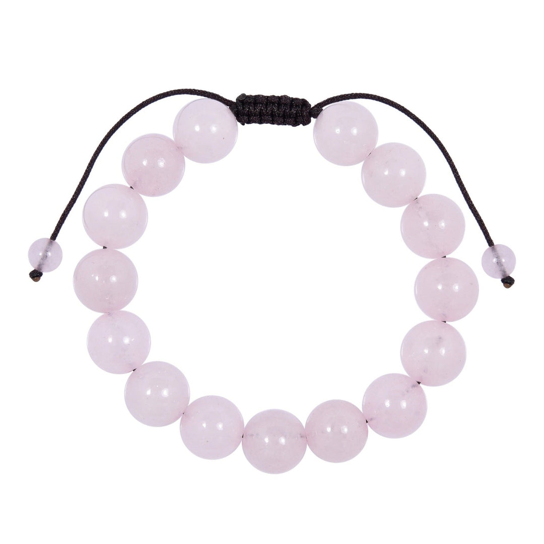 Close-up of a rose quartz bracelet made with 12mm round pink beads with a dark brown pull tie style cord closure, displayed on a white background.
