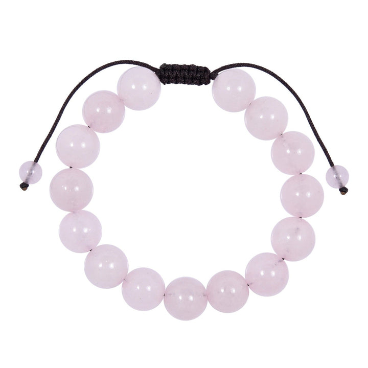 Close-up of a rose quartz bracelet made with 12mm round pink beads with a dark brown pull tie style cord closure, displayed on a white background.