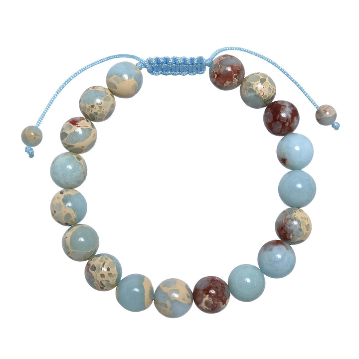 Close-up of a shoushan stone bracelet made with 10mm round polished beads with shades of light blue colors, tan, red, and cream, and a blue pull tie style cord closure, displayed on a white background.