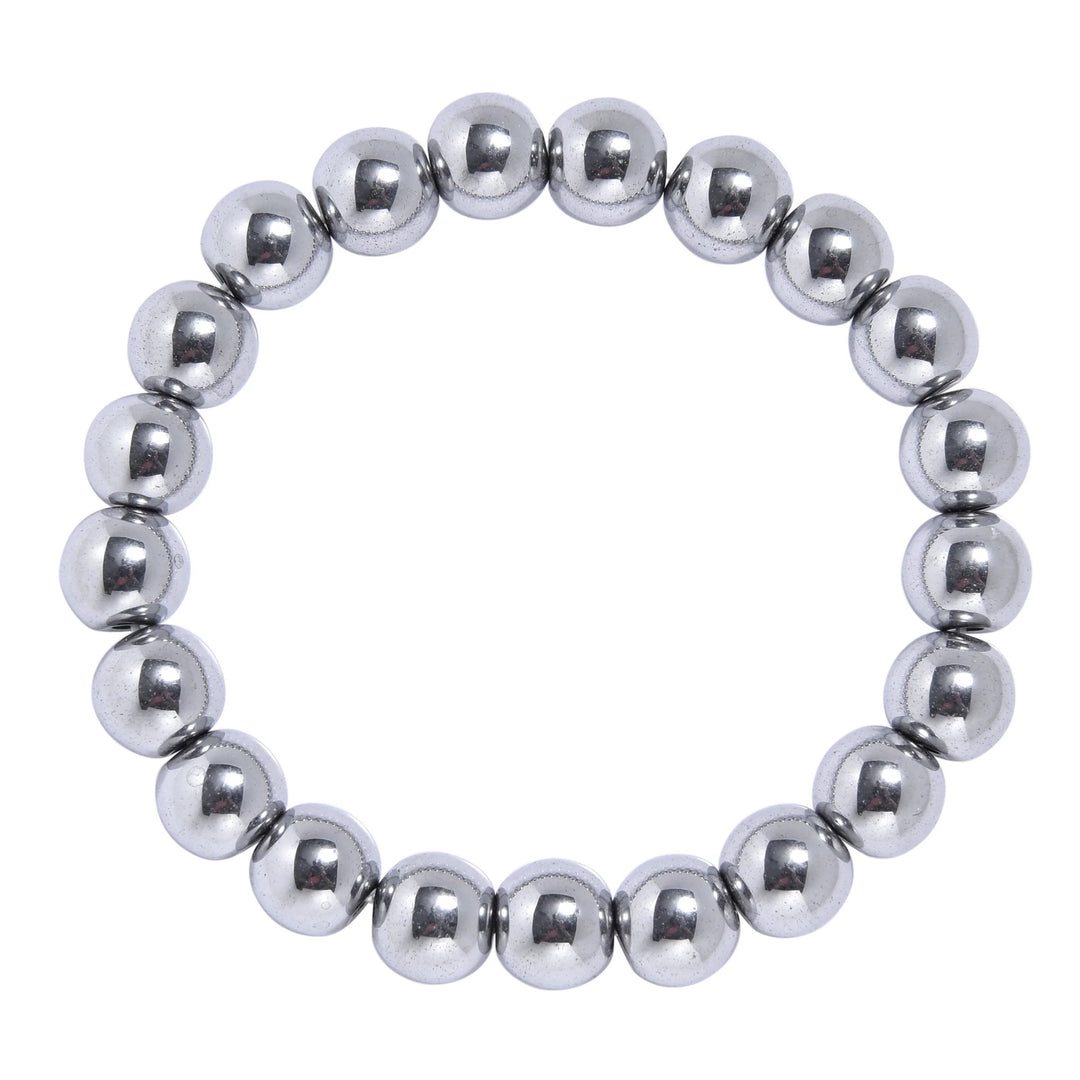 A silver-colored hematite bead bracelet with a stretch style design and 10mm beads, on a white background.